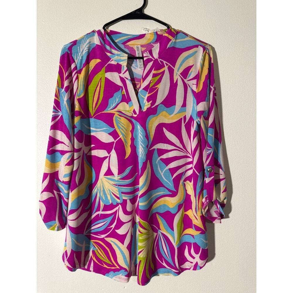 Floral Vibrant Tunic Top Dear Scarlett S Button Tab Sleeves